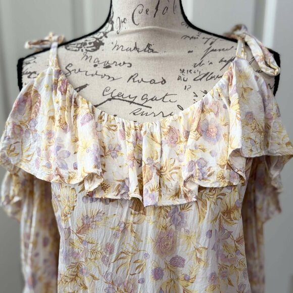 Womens Light Colored Floral & Lightweight Blouse with Shoulder Tie Cold Shoulder - Picture 3 of 10